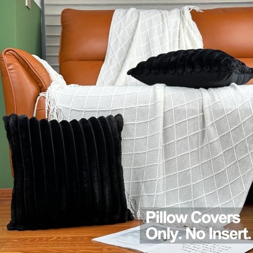COTEY 24x24 Decorative Faux Fur Throw Pillow Covers Set of 2- Black - Image 2