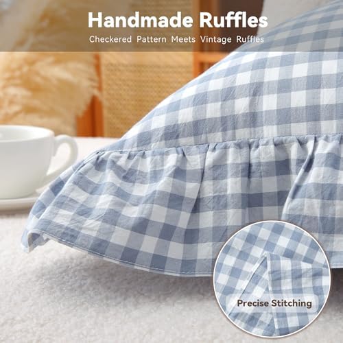 Dusty Blue Gingham Throw Pillow Covers 18x18, Ruffle Trim - Image 5