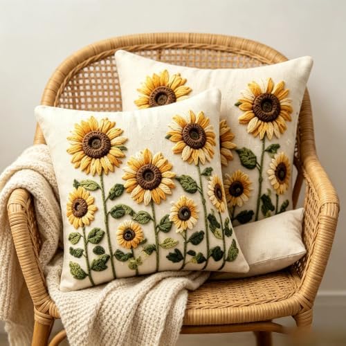 2D Flat Sunflower Linen Throw Pillow Covers 18x18 Set of 2 - Image 6