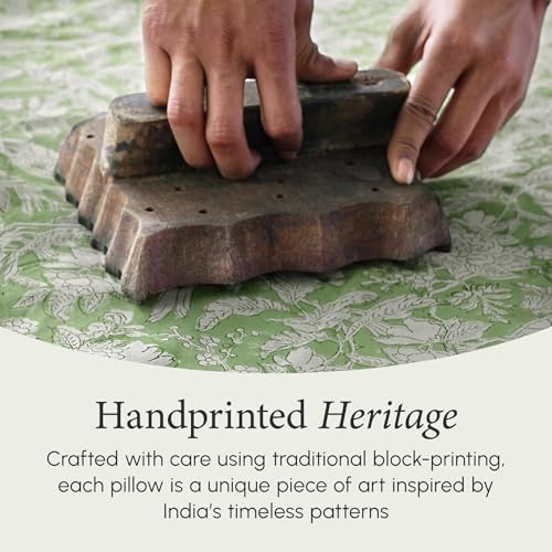 CPC Olive Green 100% Cotton Block Print Ruffle Pillow Cover 16X16 inch - Image 4