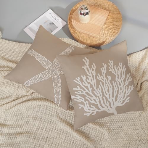 Coastal Pillow Covers 16x16 Inch Set of 2 Brown Tan Coral Starfish Throw - Image 5