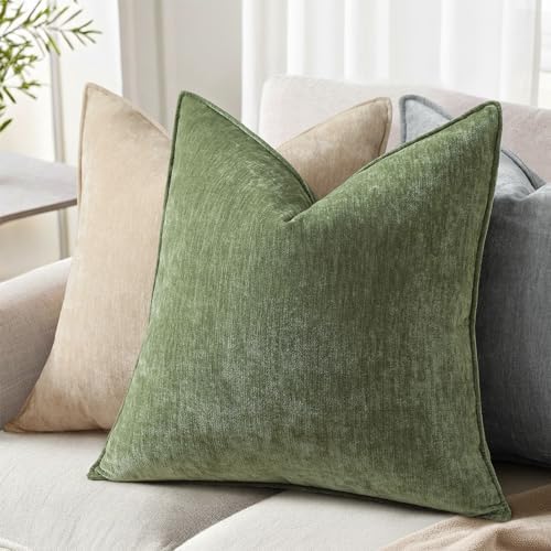 decorUhome Chenille Olive Green Velvet Throw Pillow Covers 22x22 Set of 2 - Image 3
