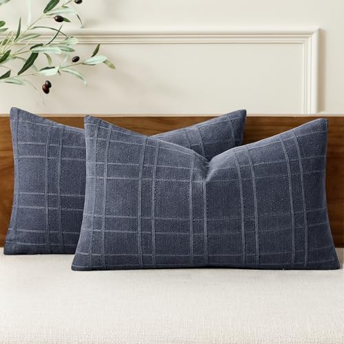 MIULEE Linen Plaid Pillow Covers Coastal Decorative Lumbar 12x20 Navy Blue by MIULEE