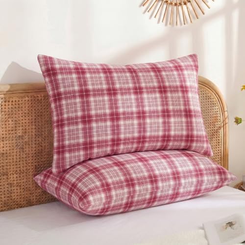 Merryword 100% Cotton Pillow Cases, Queen Size, Washed Cotton Dusty Red Plaid - Image 2
