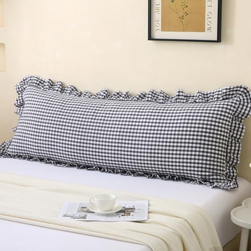 Black White Gingham Body Pillow Cover 20x54, Ruffled Cotton Sham by Jilboo