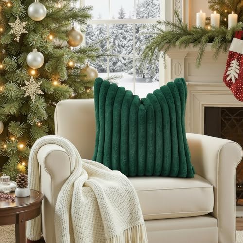 decorUhome Fall Faux Fur Throw Pillow Covers 18x18 Set of 2 Christmas Green - Image 4