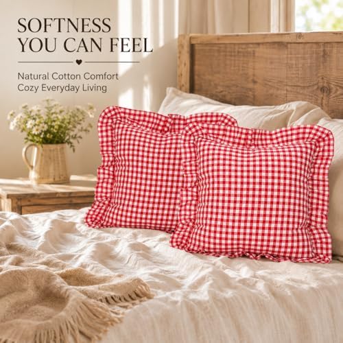 JoraLion Ruffled Throw Pillow Cover 20x20 Gingham Red - Image 2