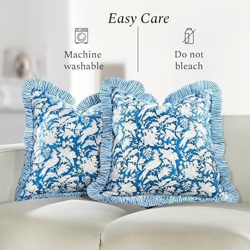 CPC Block Print Ruffle Throw Pillow Cover Blue Sapphire 24"x24" - Image 6