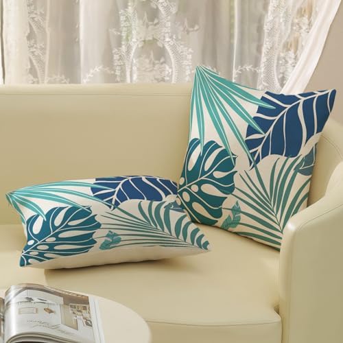 Tropical Pillow Covers 22x22 Set of 2 Navy Blue Aqua Teal Monstera Palm Leaf - Image 5