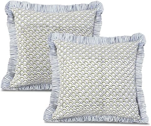 Ridhi Hand Fan Harmony Block Print Ruffle Pillow Covers 24x24 Inch Set of 2 by Ridhi
