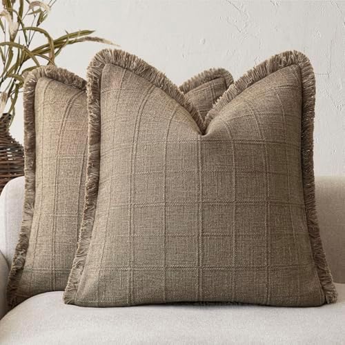 Foindtower Set of 2 Decorative Linen Check Fringe Throw Pillow Covers Farmhouse by Foindtower