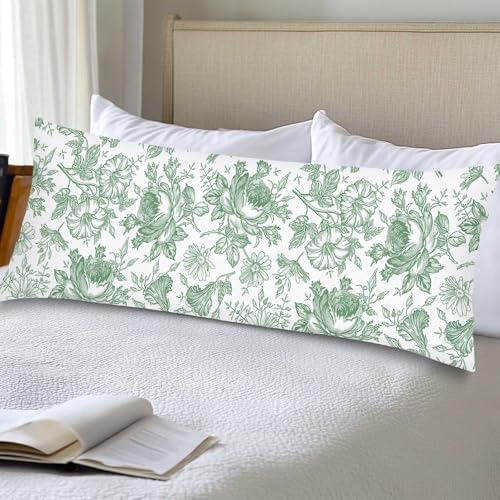 Sage Green and White Porcelain Floral Body Pillow Cover 20x54 Long Pillow Case by Unknown