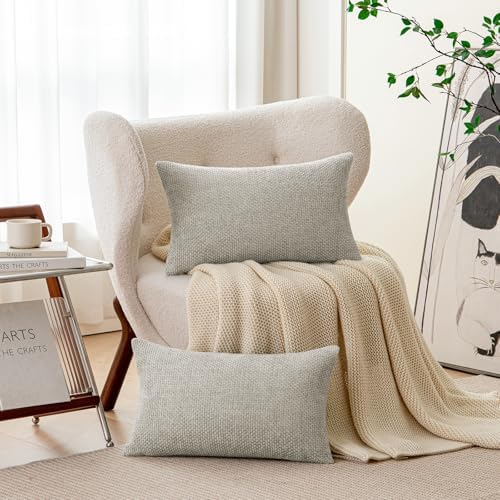 a moment Grey-Beige Chenille Throw Pillow Covers 12x20 Inch Pack of 2 Modern - Image 2