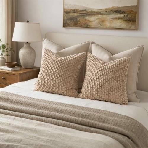 MIULEE Decorative Throw Pillow Covers 18x18 Neutral Tan Textured Corduroy - Image 5