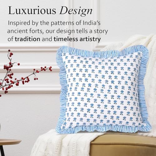 CPC Arctic Blue Hand Block Print 100% Cotton Ruffle Throw Pillow Cover 18x18 - Image 4