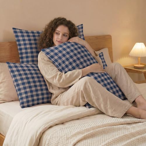 Merryword 100% Cotton Pillow Cases, Queen Size, Washed Cotton Deep Blue Plaid - Image 5