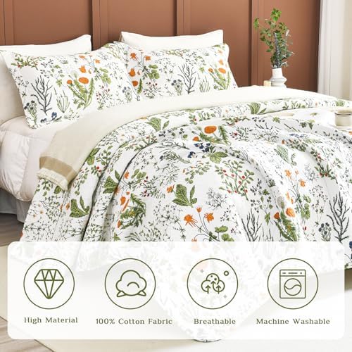Lady Ann Cotton Quilted Pillow Shams 20x36, Leaves & Yellow Flowers Pattern - Image 4