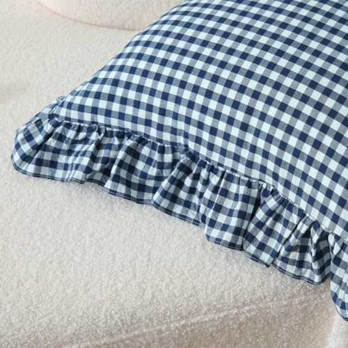 Silnuo Navy Blue/White Gingham Plaid Ruffle Throw Pillow Covers 18"x18" - Image 6