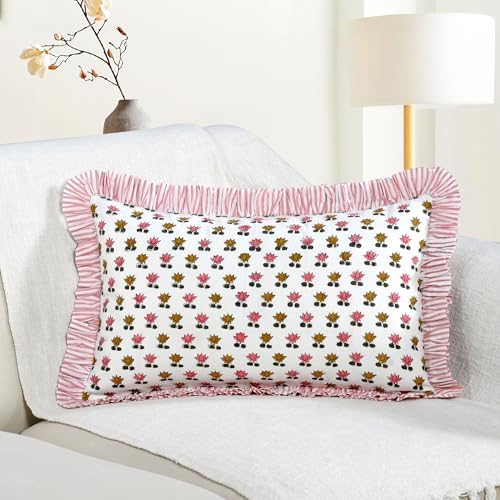 CPC Block Print Rosette Bloom Ruffle Cotton Lumbar Pillow Cover 12x20 inch by COTTONPRINTCLUB