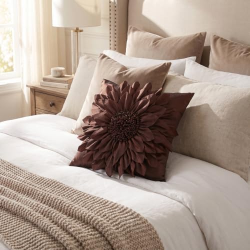 Brown Accent 3D Flower Decorative Throw Pillow Covers - Image 3