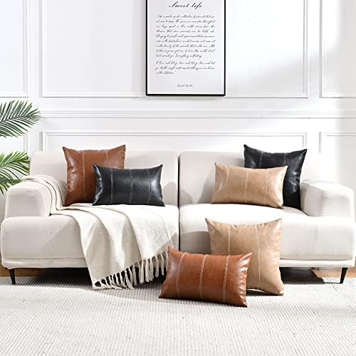 Fancy Homi Brown Boho Faux Leather Decorative Throw Pillow Covers 16x16 Inch - Image 7