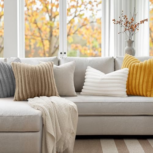 MIULEE Faux Fur Decorative Throw Pillow Covers 20x20 Set of 2 Khaki - Image 2