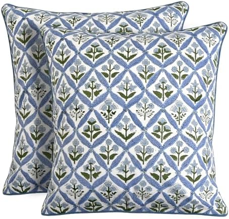 Ridhi Block Print Light Steel Blue Pillow Cover 24" x 24" Decorative Couch by Ridhi