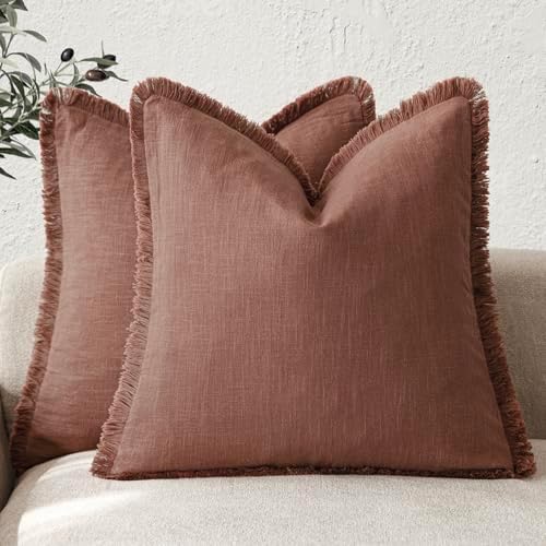 Foindtower Decorative Linen Fringe Throw Pillow Covers 22×22 Inch, Rust Red by Foindtower