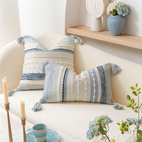 BlissBlush Decorative Lumbar Throw Pillow Cover 14x24 Boho Coastal Blue Accent - Image 4