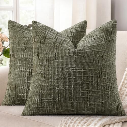 decorUhome Textured Chenille Throw Pillow Covers 26x26 Set of 2 Army Green by decorUhome