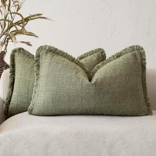 Foindtower Set of 2 Decorative Linen Check Fringe Throw Pillow Covers Farmhouse by Foindtower