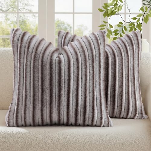 decorUhome Fall Faux Fur Throw Pillow Covers 24x24 Set of 2 Brown White by decorUhome