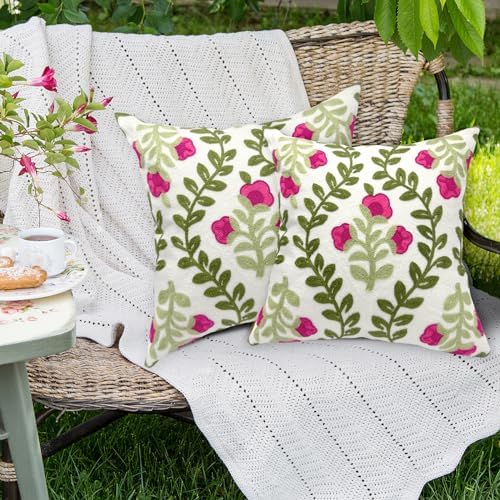Alysheer Floral Embroidered Throw Pillow Cover 20"x 20" Set of 2, Hot Pink - Image 3