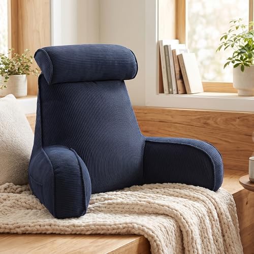 Bed Rest Reading Pillow with Arms & Detachable Headrest, Corduroy Backrest - Image 2