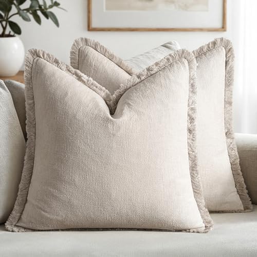 MIULEE Linen Fringe Decorative Throw Pillow Covers Natural Beige 16x16 by MIULEE