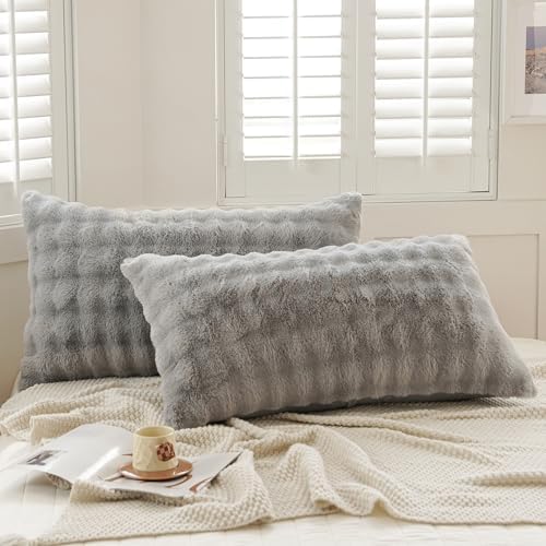 Set of 2 Faux Fur Pillowcases, Luxury Bubble Waffle Carved Plush Standard Size by Uhamho