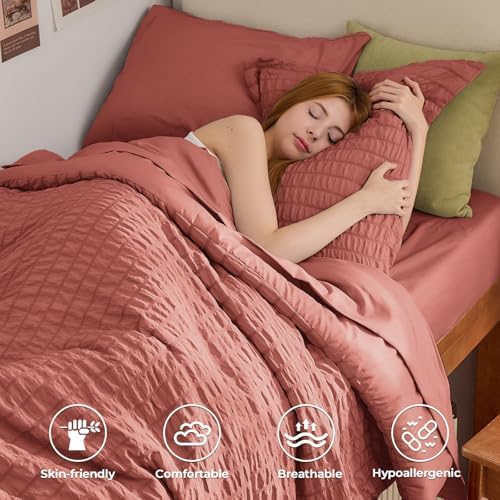 HYMOKEGE Coral Twin Comforter Set Seersucker 5 Pieces, All Season Luxury Bed in - Image 2