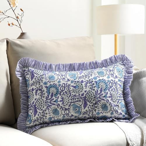 CPC Block Print Indigo Blue Ruffle Cotton Lumbar Pillow Cover 12x20 inch by COTTONPRINTCLUB