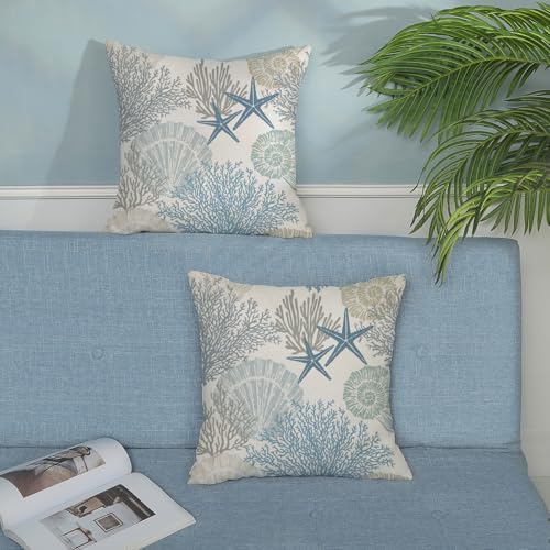 Nautical Coastal Pillow Covers 20x20 Set of 2 Blue Beach Themed Ocean Seashell - Image 4