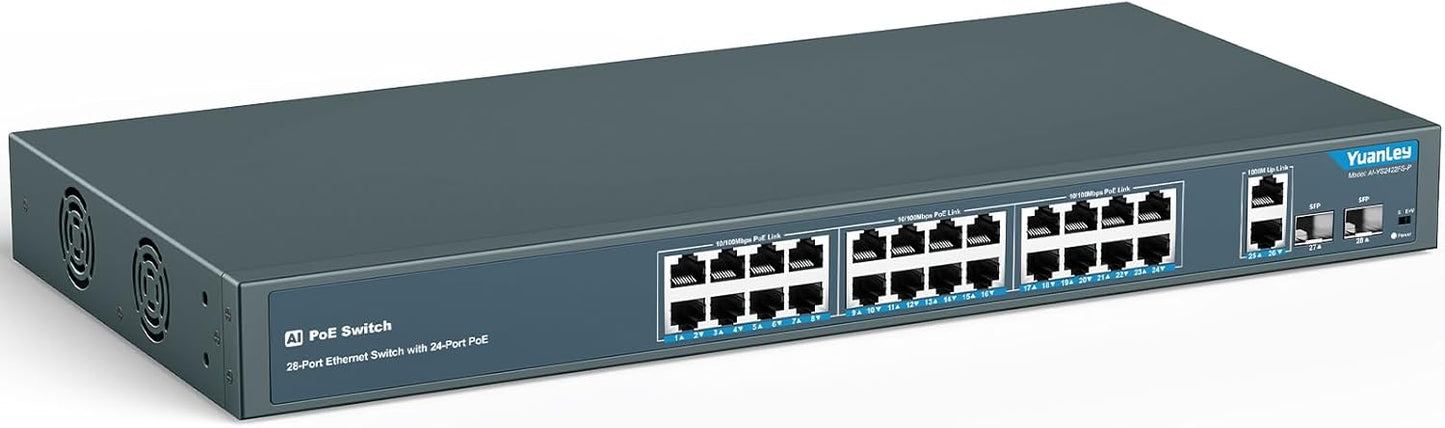 YuanLey 24 Port PoE Switch with 2 Gigabit Ethernet Uplink, 2 SFP Port, 400W PoE+ Port Support 802.3af/at, Unmanaged Network Switch with AI Watchdog, VLAN, Extend to 250m, Rackmount Plug and Play