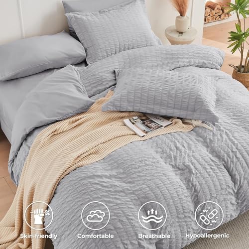 HYMOKEGE Light Grey King Size Comforter Set Seersucker 7 Pieces, All Season - Image 3
