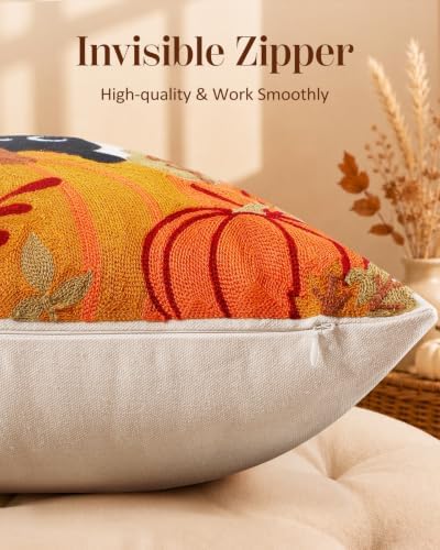 Fall Embroidered Throw Pillow Cover 18x18 Inch, Cat Pumpkin - Image 3