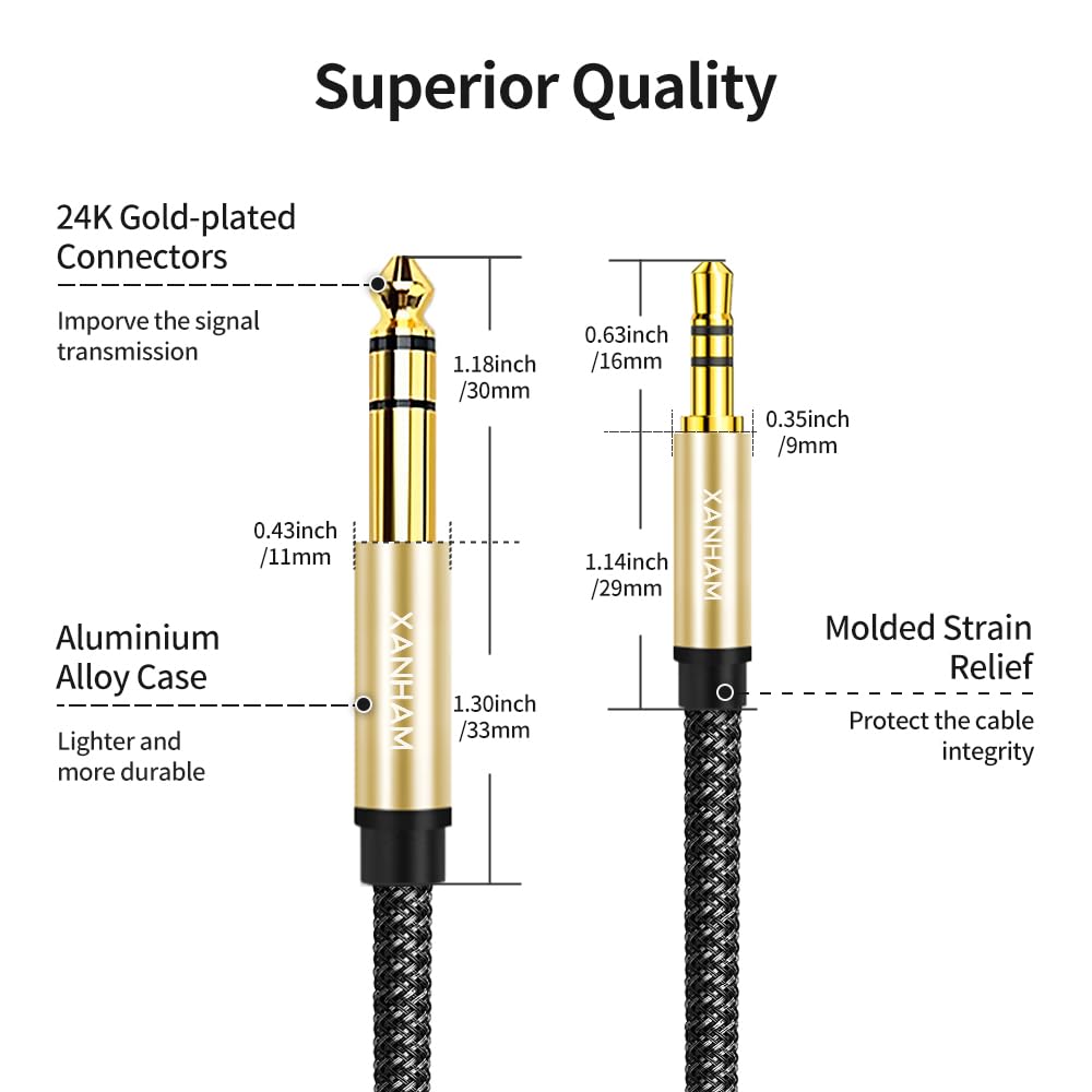 3.5mm to 1/4 Stereo Audio Cable 6.6 Feet /2M, 1/8" to 6.35mm 1/4" TRS Male Aux Cord Double Shielded with Braiding for Guitar, Amplifiers, PC, Home Theater, Speaker, etc.