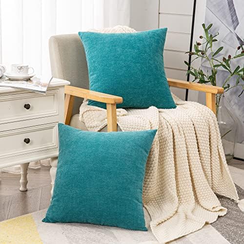 GAWAMAY Teal Chenille Throw Pillow Covers 26x26 Set of 2 - Image 3