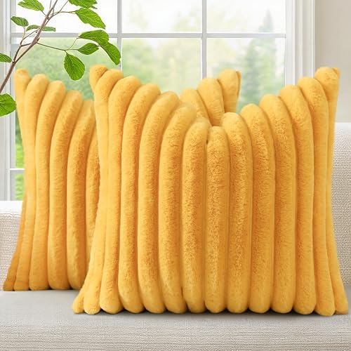 decorUhome Fall Faux Fur Throw Pillow Covers 24x24 Set of 2 Mustard Yellow by decorUhome