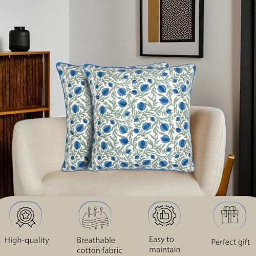 Ridhi Block Print Queen Blue Pillow Cover 16" x 16" Decorative Couch Pillows - Image 4