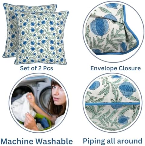 Ridhi Block Print Queen Blue Pillow Cover 20" x 20" Decorative Couch Pillows - Image 3