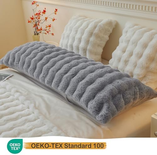 LIFEREVO Fluffy Faux Rabbit Fur Body Pillow Cover 20"x54", Light Grey - Image 3