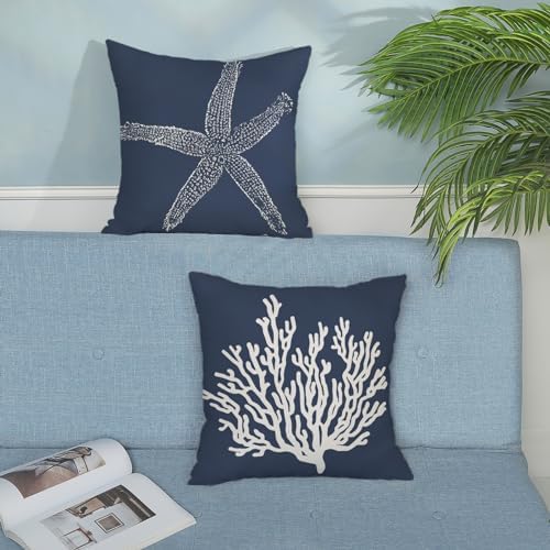Navy Blue Coral Starfish Pillow Covers 16x16 Inch Set of 2 Coastal Throw - Image 3