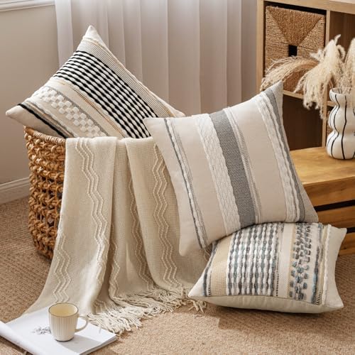 ANRODUO Boho Decorative Pillow Covers Gray Blue Stripe 18x18 Inch Pack of 2 - Image 3